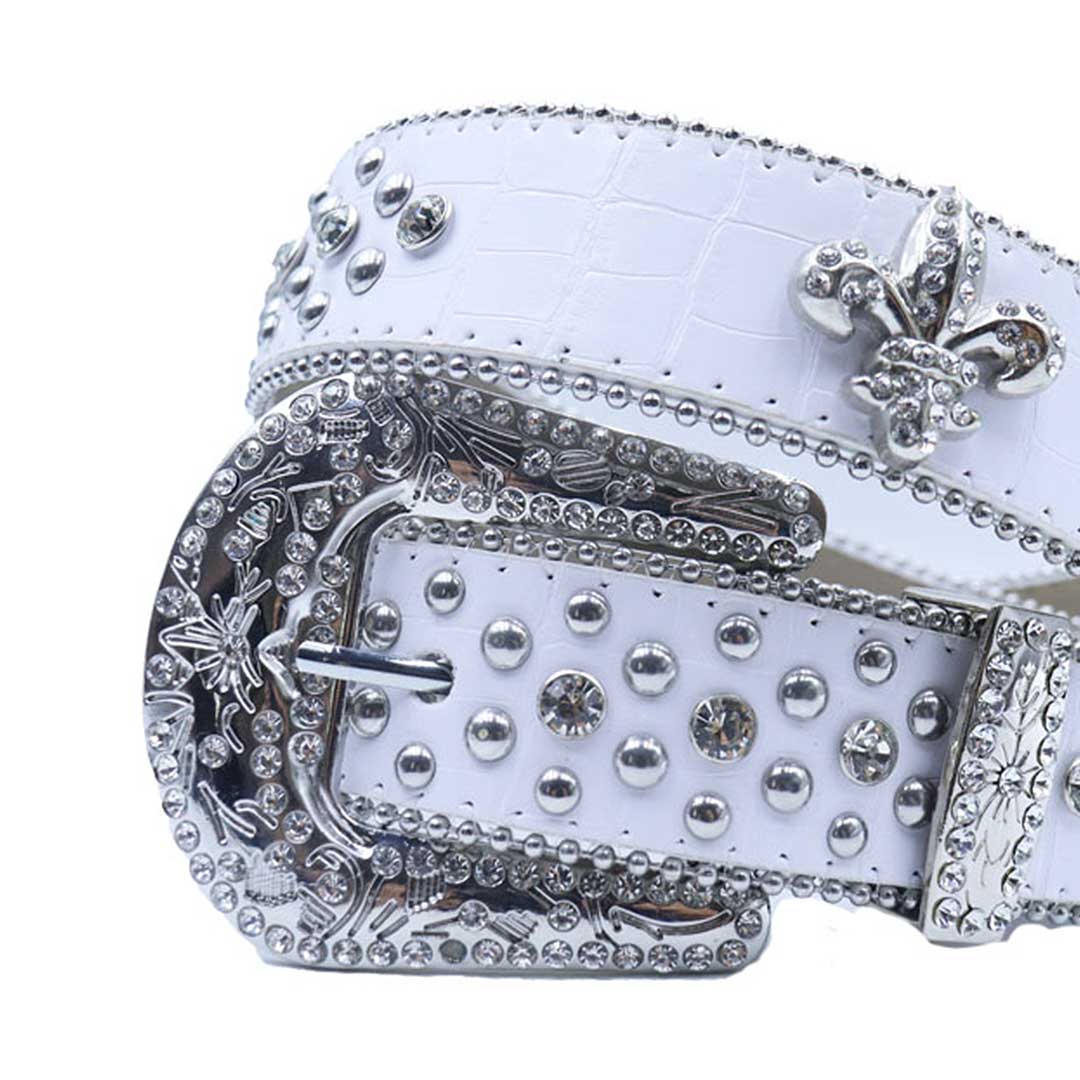 EngTRMved Buckle Crown White Strap With Crystal & Metal Studded Rhinestone Belt