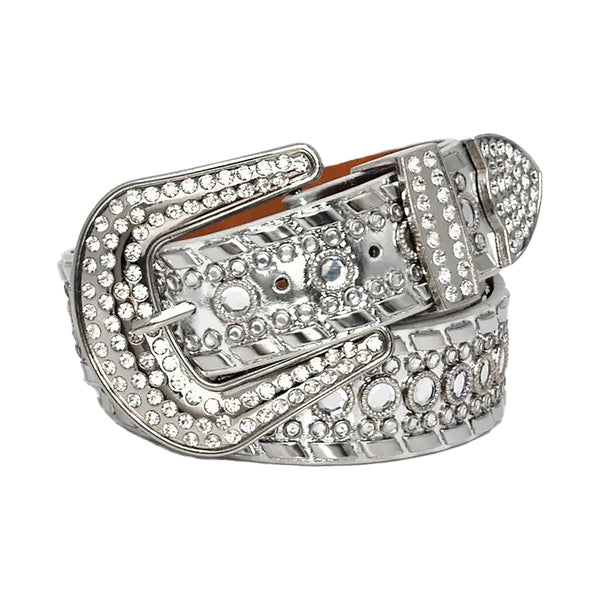 Diamond Rhinestone and Silver Studs Belt With Grey Strap
