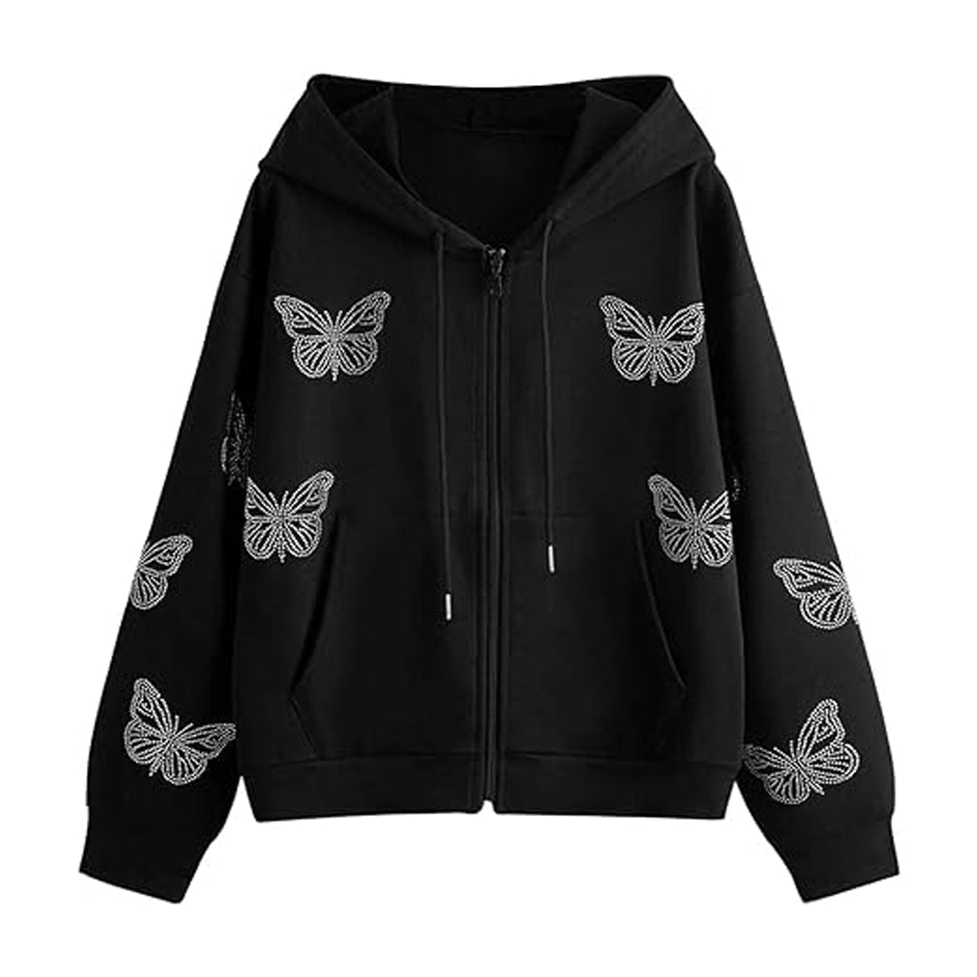 Women's Casual Butterfly DTRMwstring Rhinestone Hoodie