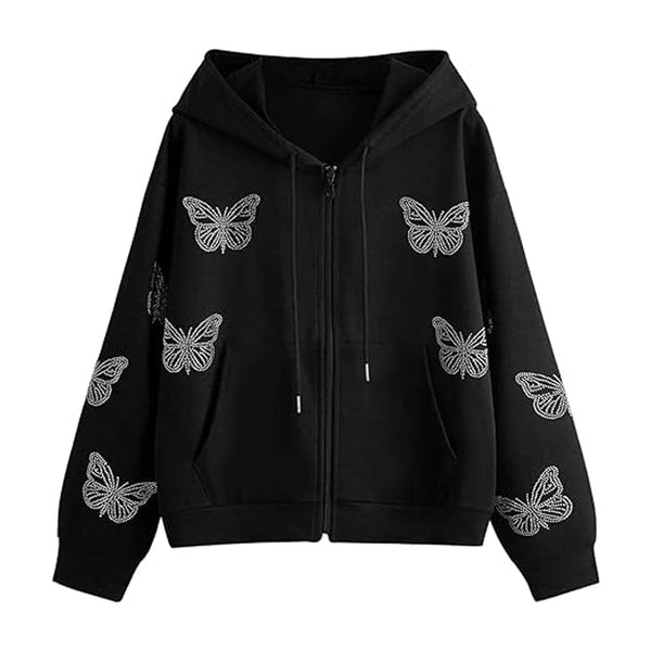 Women's Casual Butterfly DTRMwstring Rhinestone Hoodie
