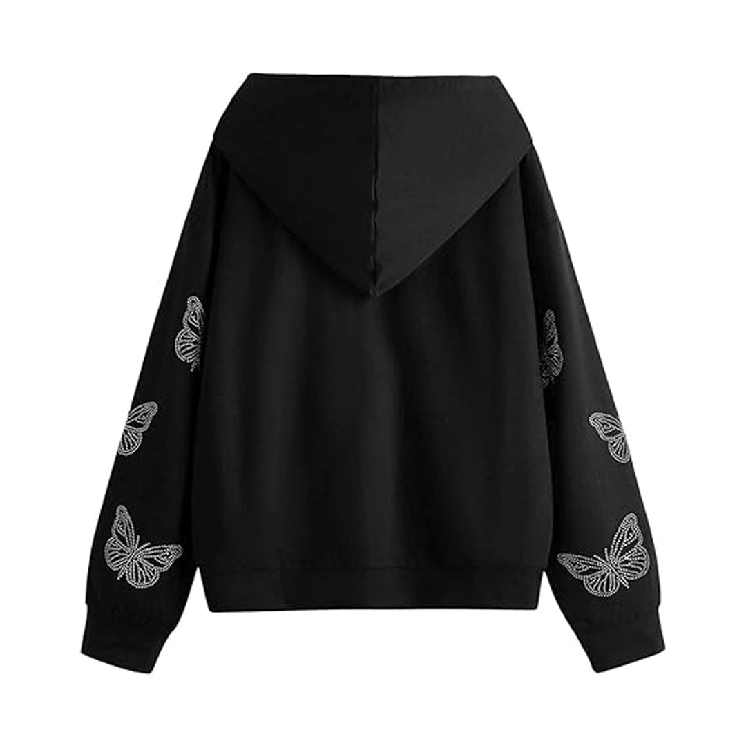 Women's Casual Butterfly DTRMwstring Rhinestone Hoodie