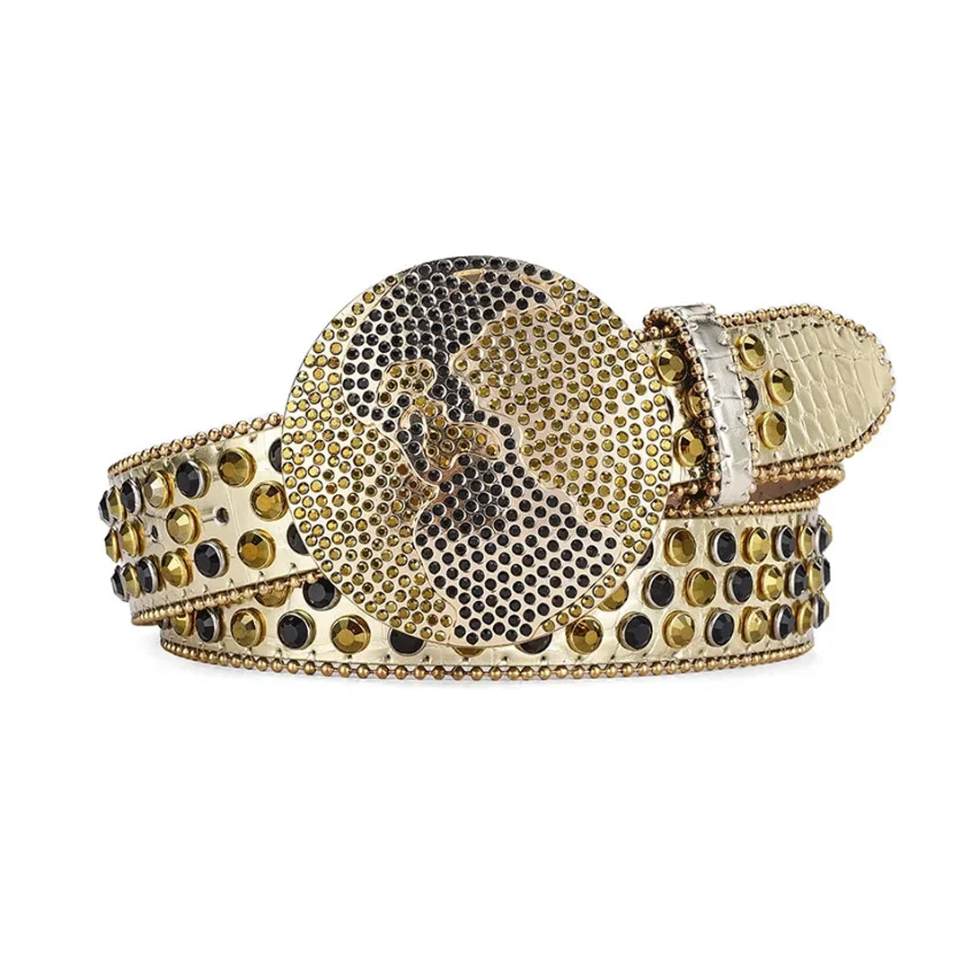 Globe Buckle With Gold & Black Studded Rhinestone Belt