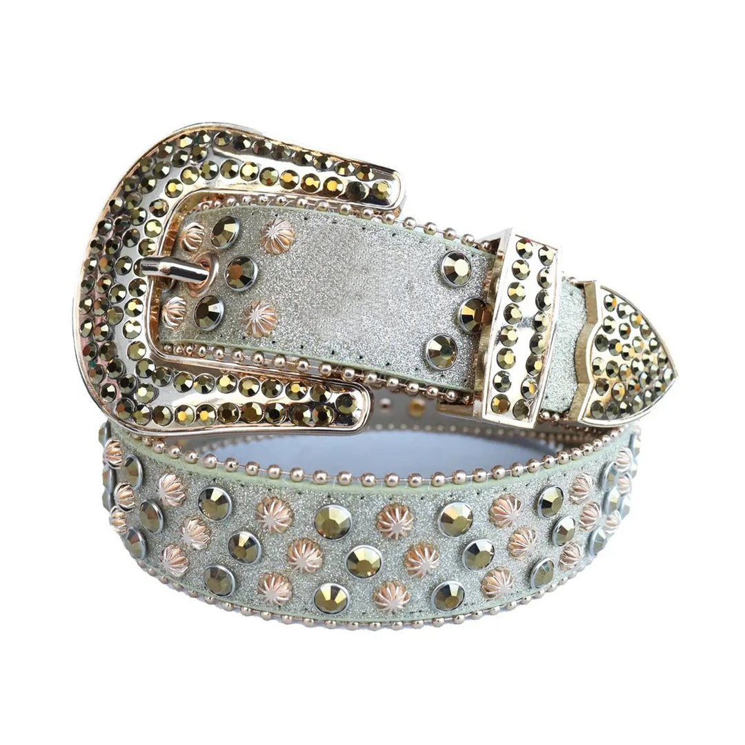 Chromatic Rhinestone And Copper Studs Belt With Grey Strap
