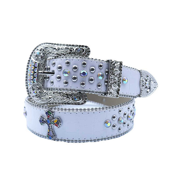 EngTRMved Buckle Cross White Strap With Multi & Metal Studded Rhinestone Belt