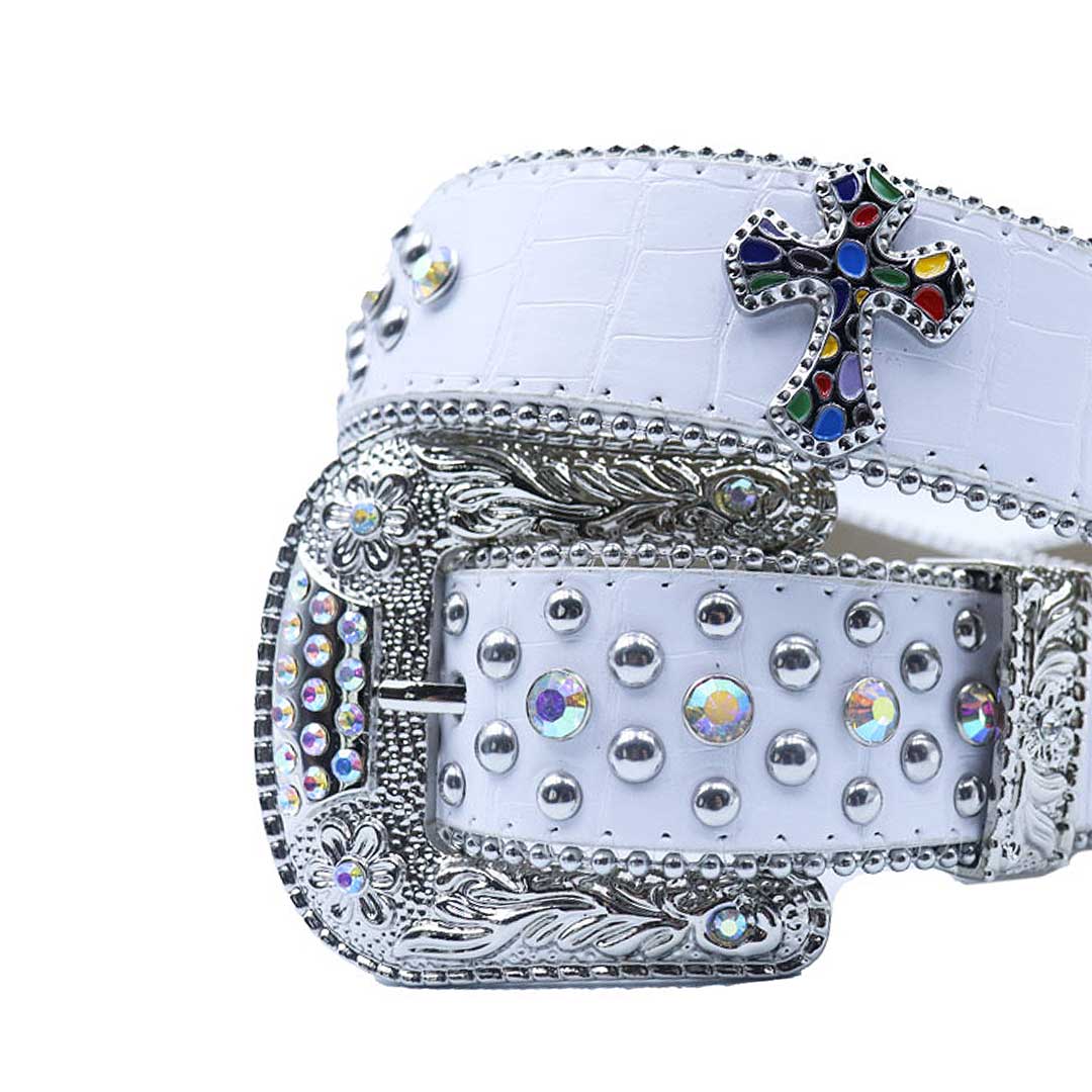 EngTRMved Buckle Cross White Strap With Multi & Metal Studded Rhinestone Belt