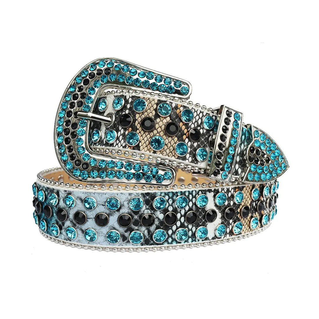 Aqua and Black Rhinestone Belt With Snake Texture Strap