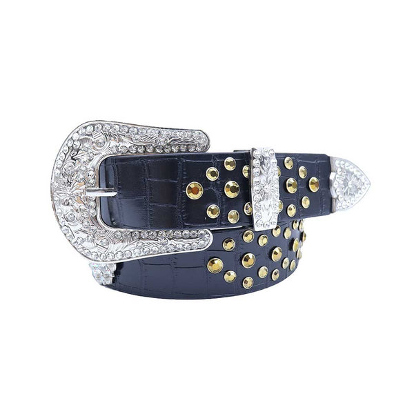 EngTRMved Buckle Black Strap With Gold Studded Rhinestone Belt