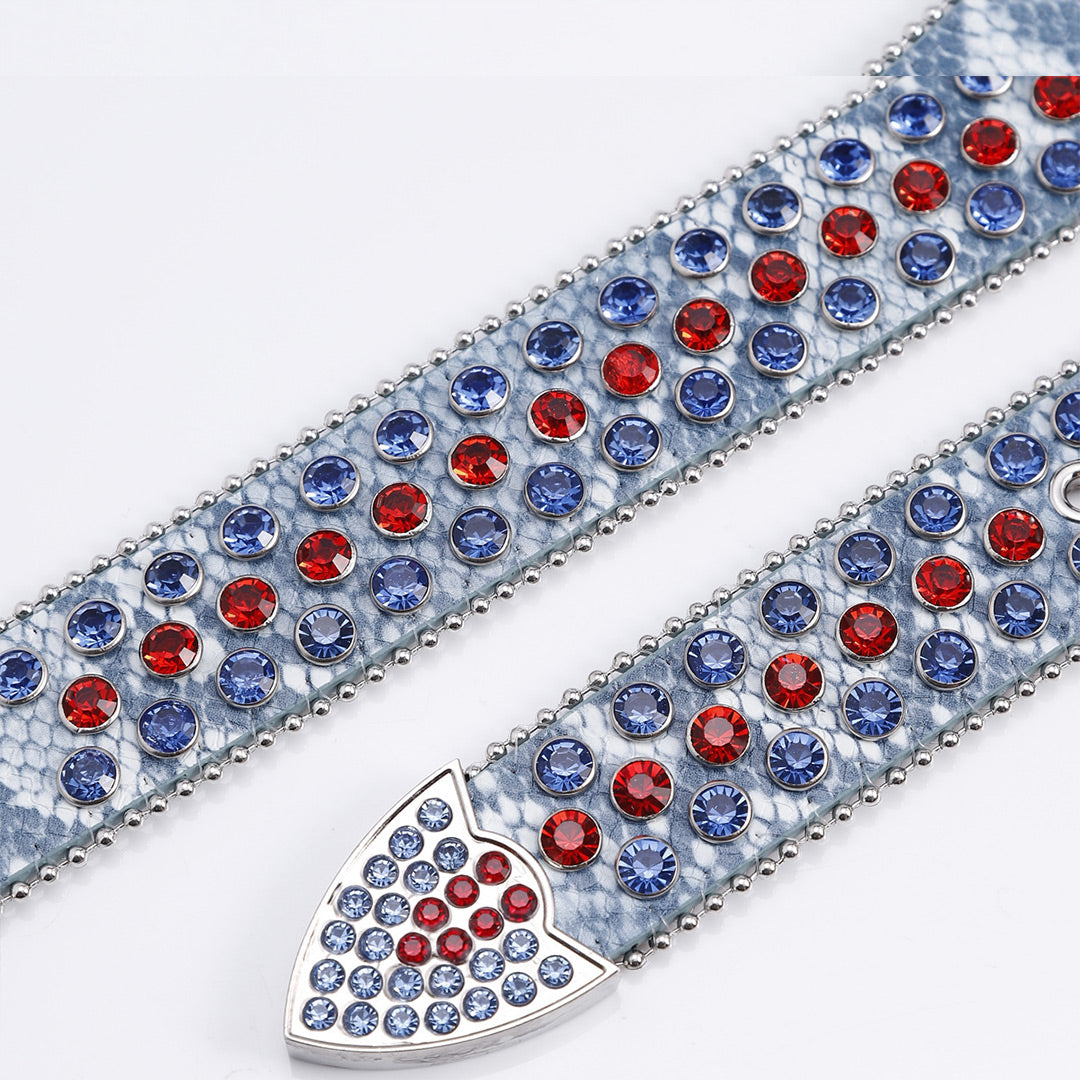 EngTRMved Buckle Ruby Strap Blue & Red Studded Rhinestone Belt