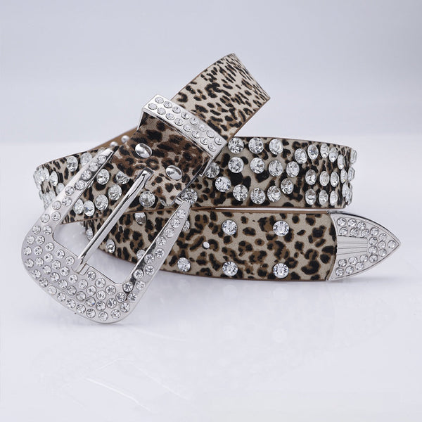 EngTRMved Buckle Leopard Strap White Studded Rhinestone Belt