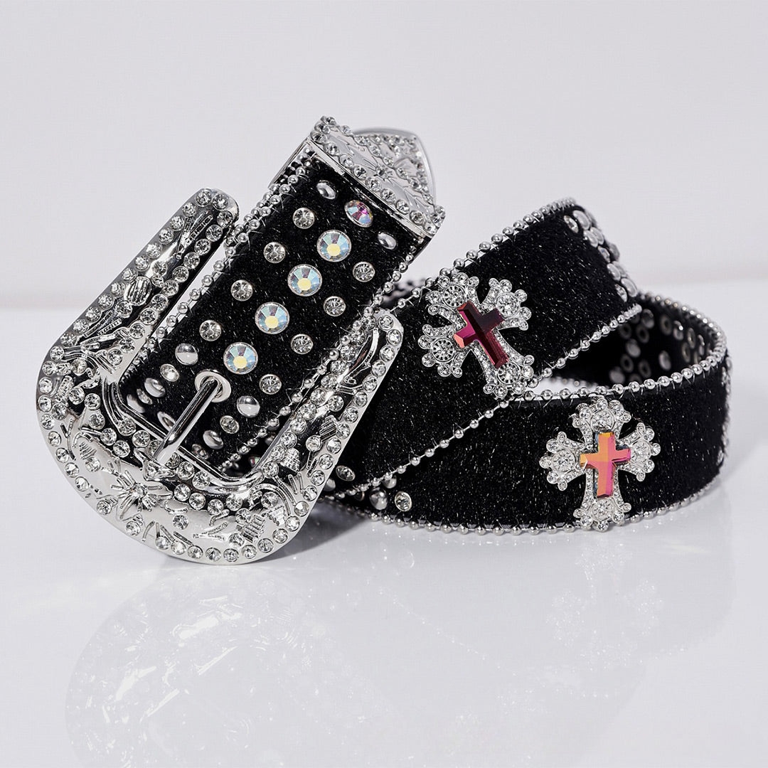 EngTRMved Buckle Pink Cross Black Strap White Studded Rhinestone Belt