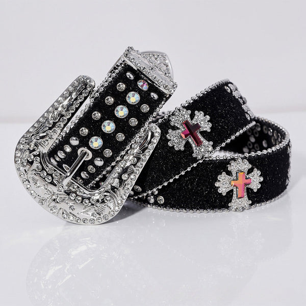 EngTRMved Buckle Pink Cross Black Strap White Studded Rhinestone Belt