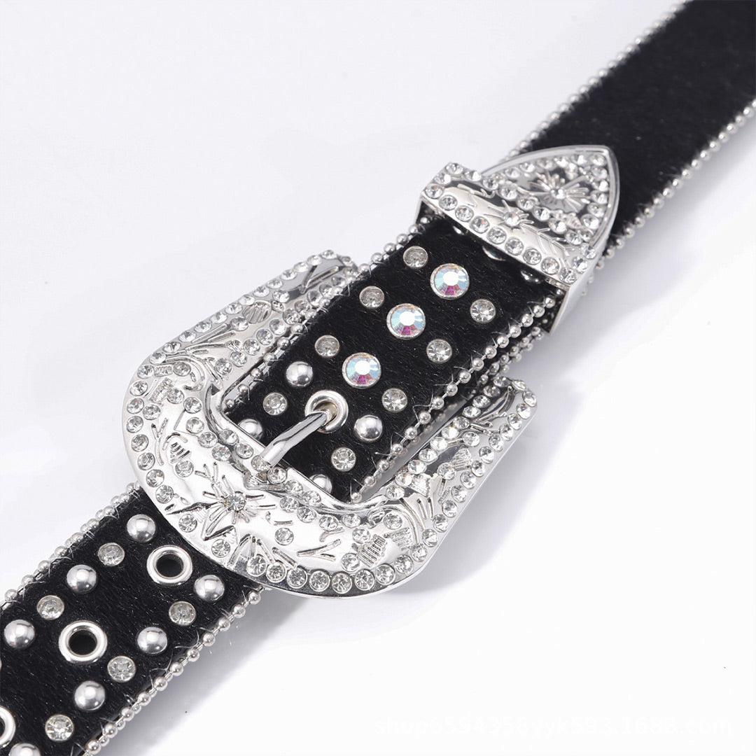 EngTRMved Buckle Pink Cross Black Strap White Studded Rhinestone Belt