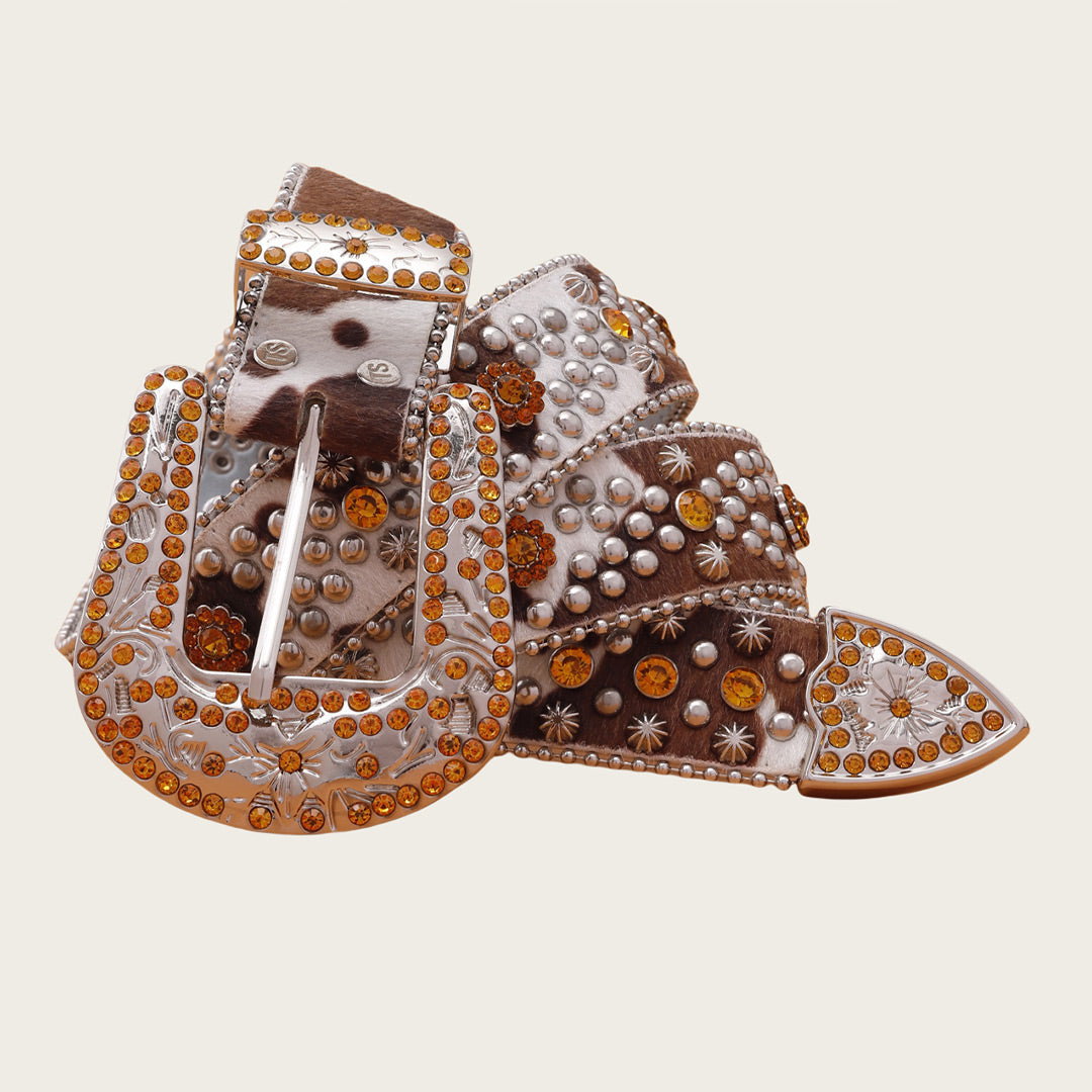 EngTRMved Buckle Cow Skin Style Strap Gold Studded Rhinestone Belt