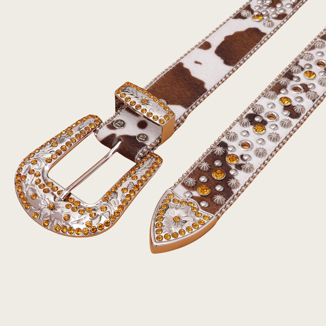 EngTRMved Buckle Cow Skin Style Strap Gold Studded Rhinestone Belt