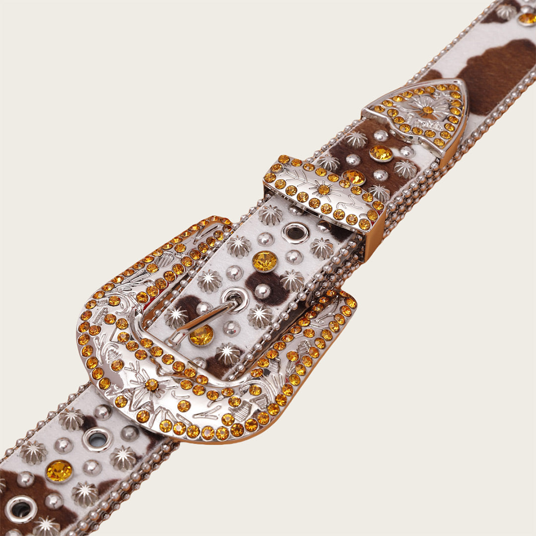 EngTRMved Buckle Cow Skin Style Strap Gold Studded Rhinestone Belt
