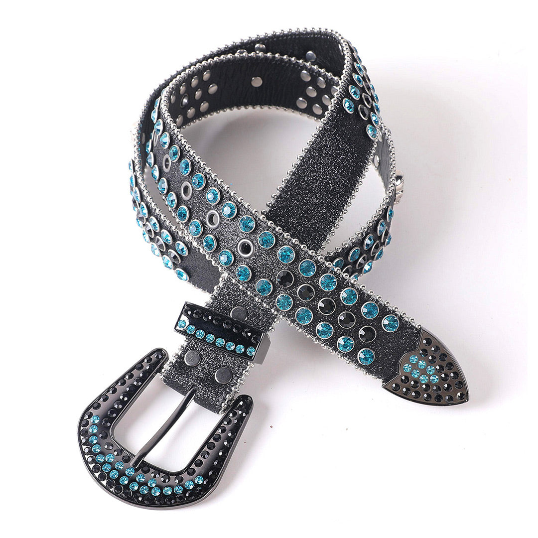 EngTRMved Buckle Black Strap Blue & Black Studded Rhinestone Belt