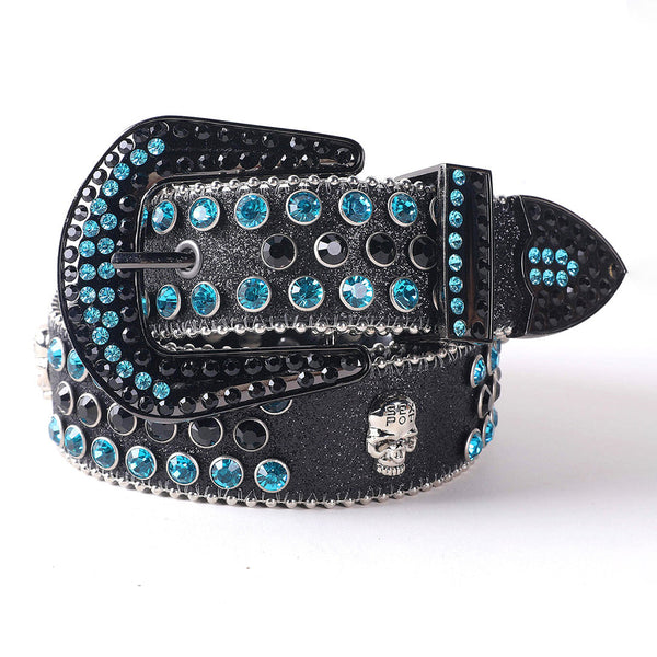 EngTRMved Buckle Black Strap Blue & Black Studded Rhinestone Belt