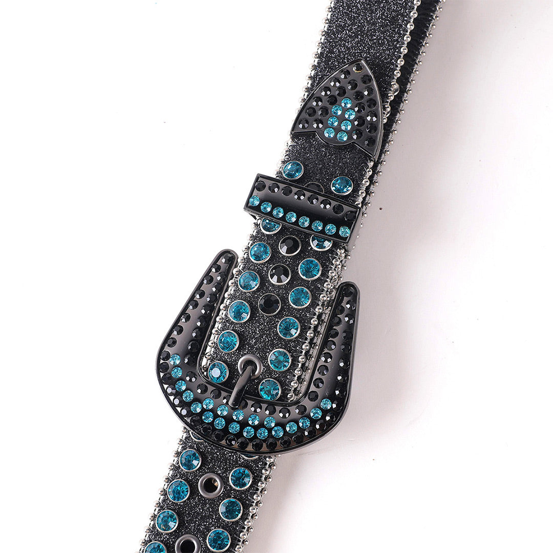 EngTRMved Buckle Black Strap Blue & Black Studded Rhinestone Belt